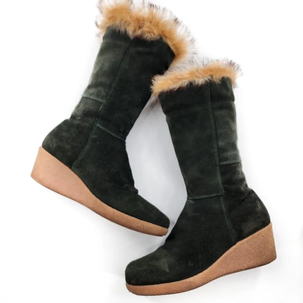 MAXIME‎ Vintage Dark Green Suede Wedge Winter Mid-Calf Boots Fur Trim